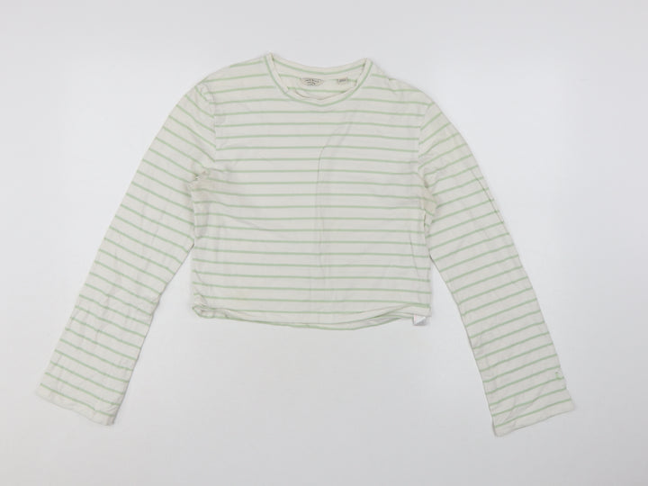 Jack Wills Womens White Green Striped Cropped Long Sleeve T-Shirt UK 14