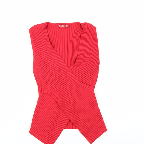 Excellent Women’s Red Sleeveless Wrap Knit Blouse Size L