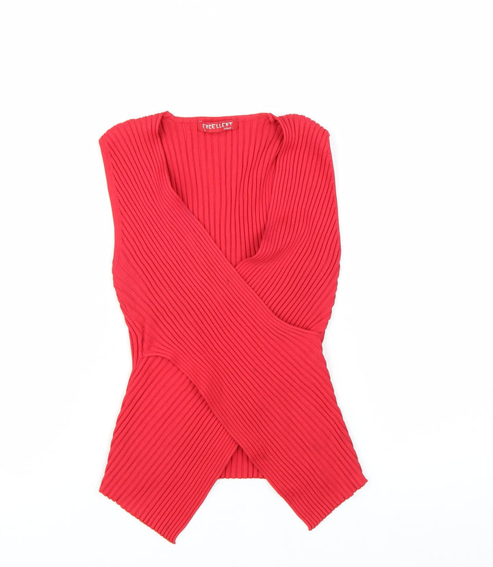 Excellent Women’s Red Sleeveless Wrap Knit Blouse Size L