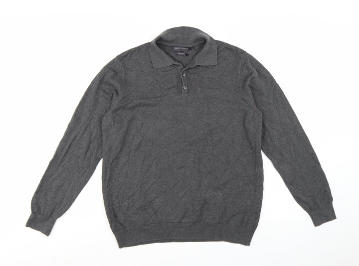 Paul James Men's Grey Cotton Collared Henley Jumper Size L