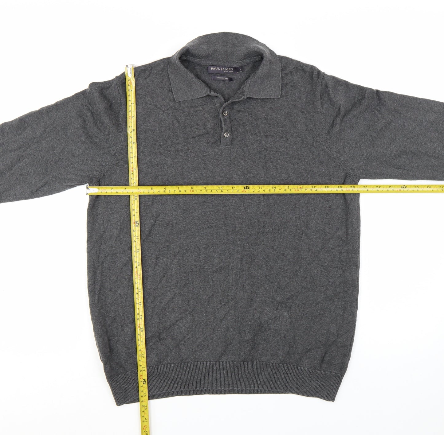 Paul James Men's Grey Cotton Collared Henley Jumper Size L