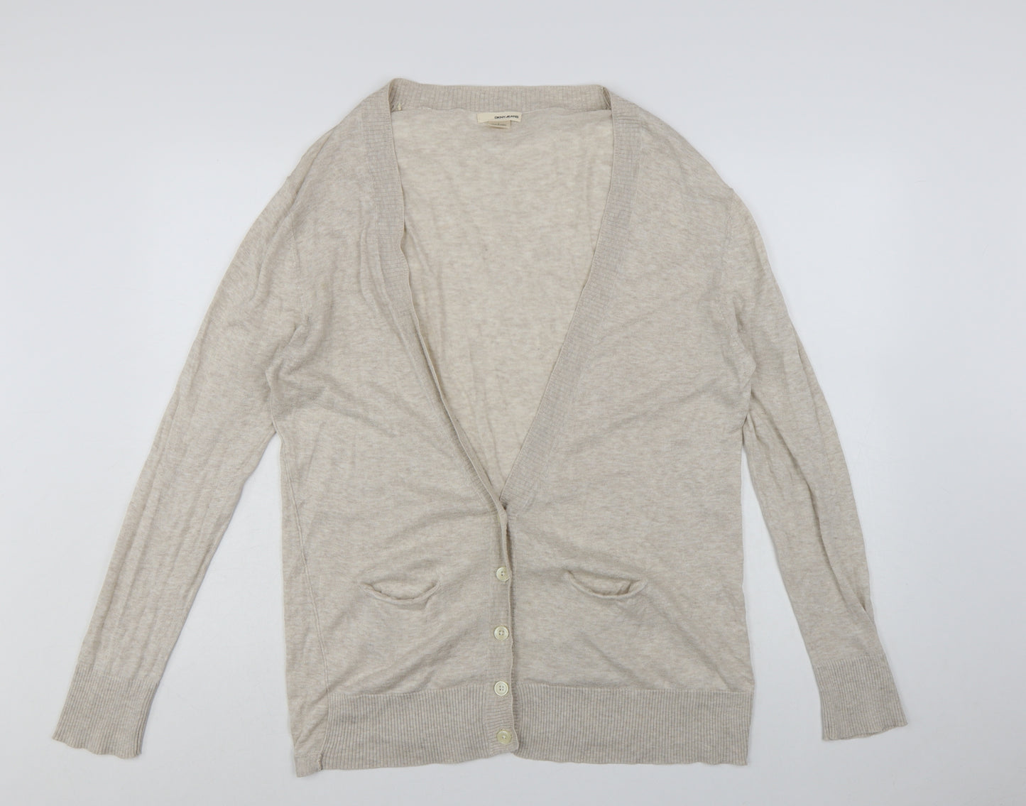 DKNY Jeans Women's Beige V-Neck Cotton Long Sleeve Cardigan L