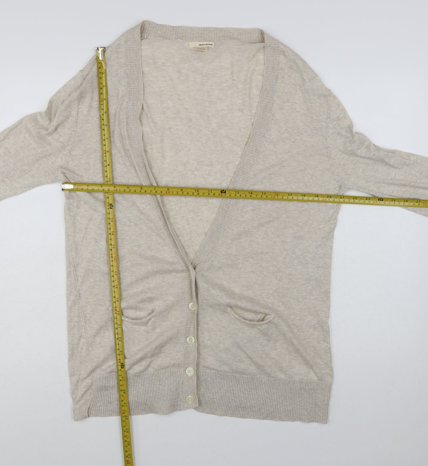 DKNY Jeans Women's Beige V-Neck Cotton Long Sleeve Cardigan L