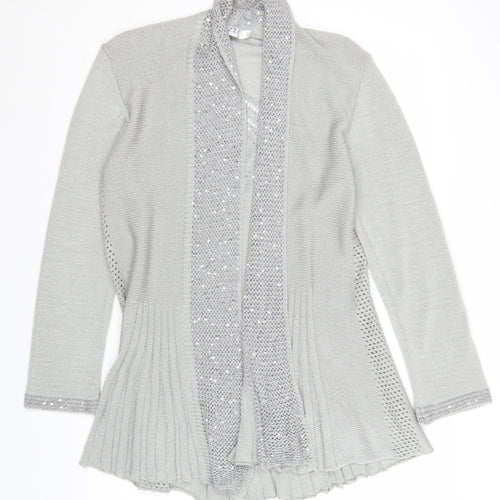 Lizzi Clarke Women’s Silver Cardigan M/L Sequin Open Knit Long Sleeve