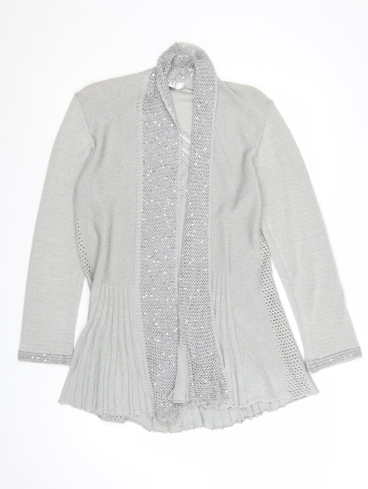 Lizzi Clarke Women’s Silver Cardigan M/L Sequin Open Knit Long Sleeve