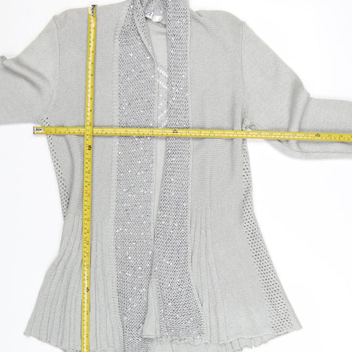 Lizzi Clarke Women’s Silver Cardigan M/L Sequin Open Knit Long Sleeve