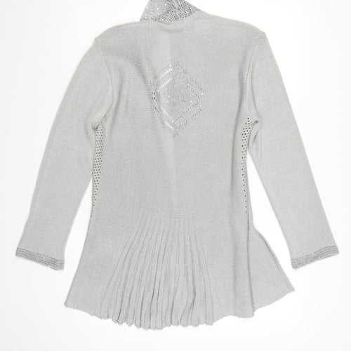 Lizzi Clarke Women’s Silver Cardigan M/L Sequin Open Knit Long Sleeve