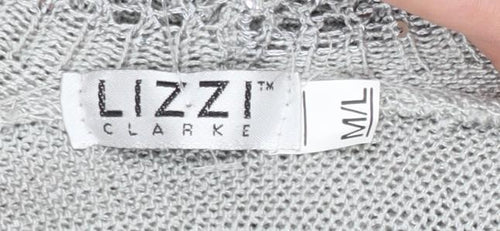 Lizzi Clarke Women’s Silver Cardigan M/L Sequin Open Knit Long Sleeve