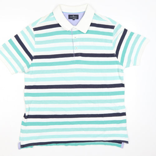 Marks and Spencer Blue Harbour Men's Blue Stripe Cotton Polo L Regular Fit