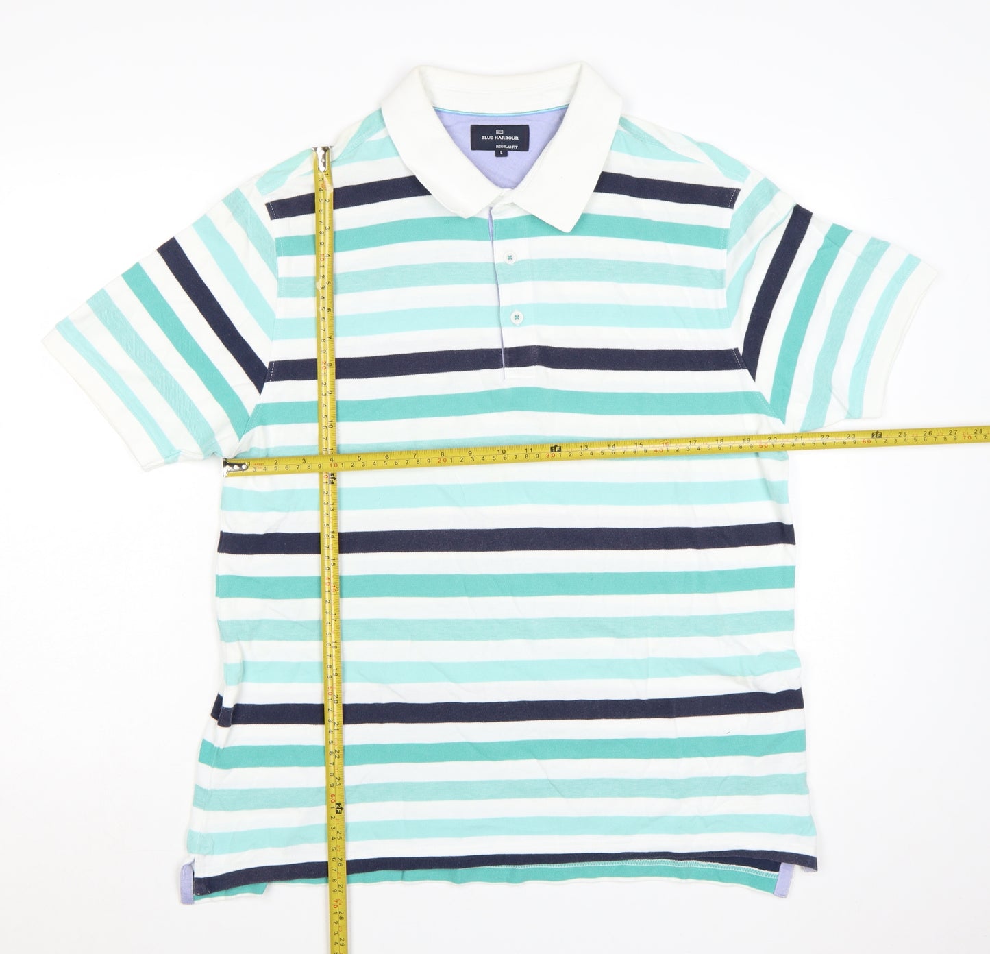 Marks and Spencer Blue Harbour Men's Blue Stripe Cotton Polo L Regular Fit