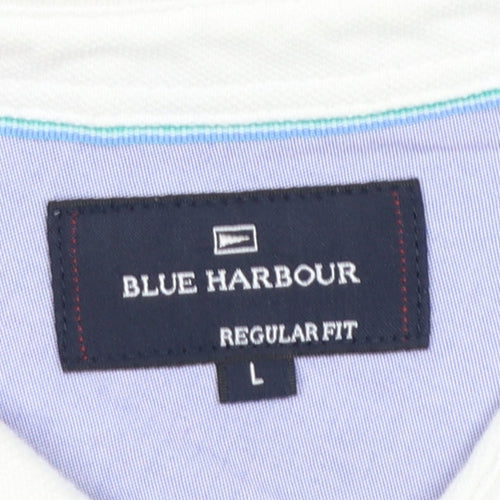Marks and Spencer Blue Harbour Men's Blue Stripe Cotton Polo L Regular Fit