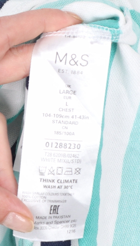 Marks and Spencer Blue Harbour Men's Blue Stripe Cotton Polo L Regular Fit