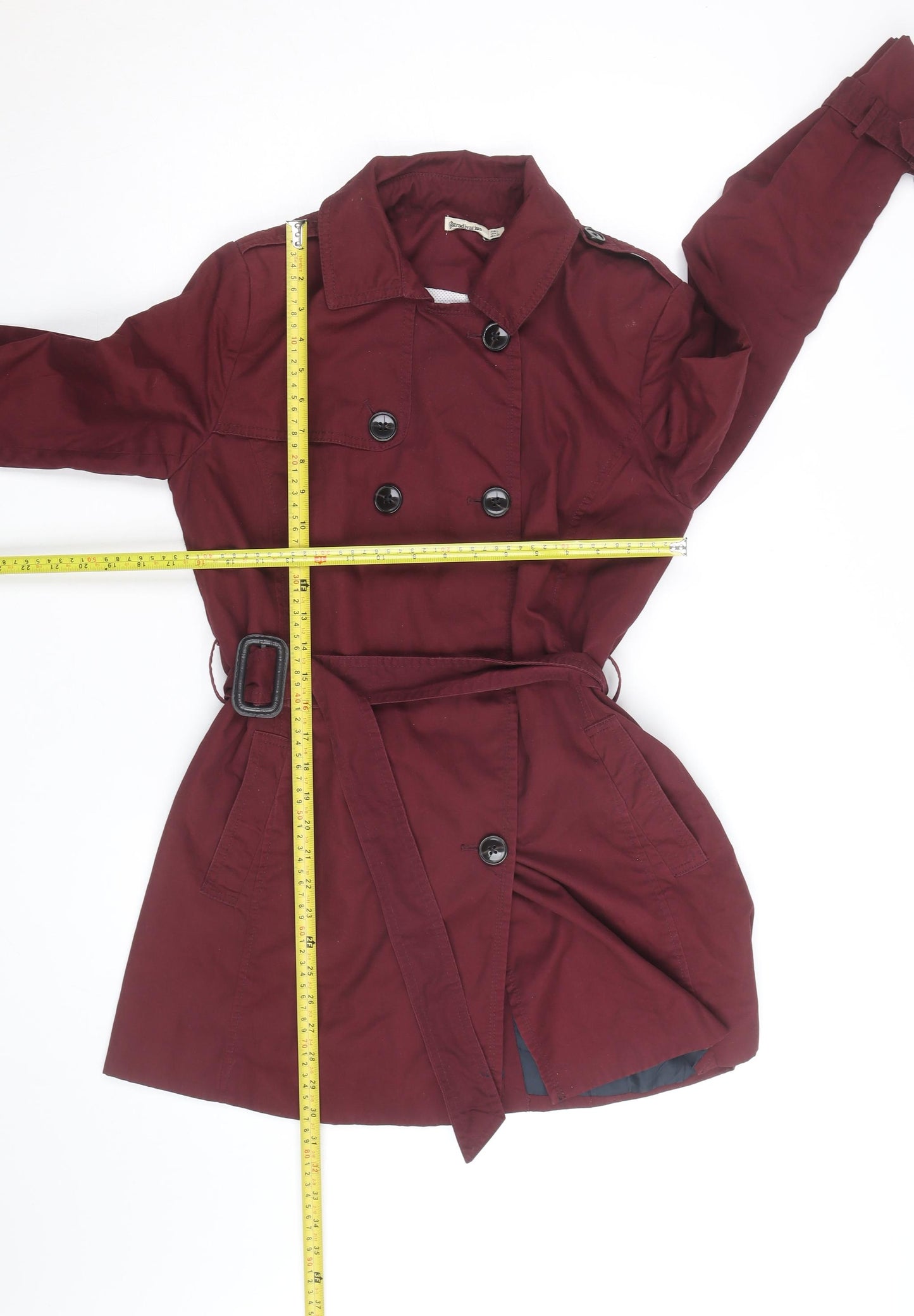 Stradivarius Women's Red Cotton Trench Coat L Belted Classic