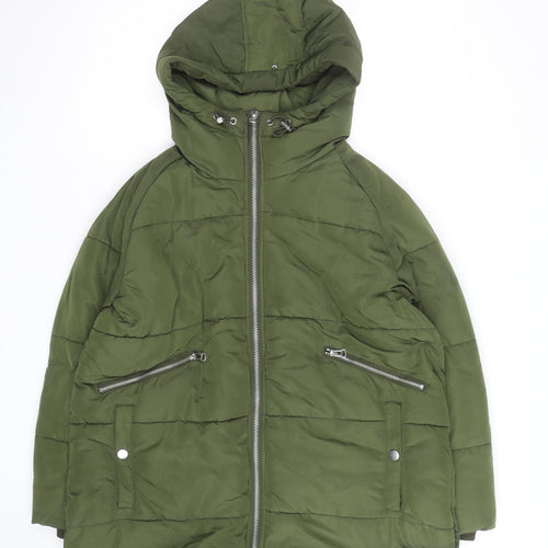 Zara Women Green Long Puffer Jacket Coat L Hooded Zip Winter Warm