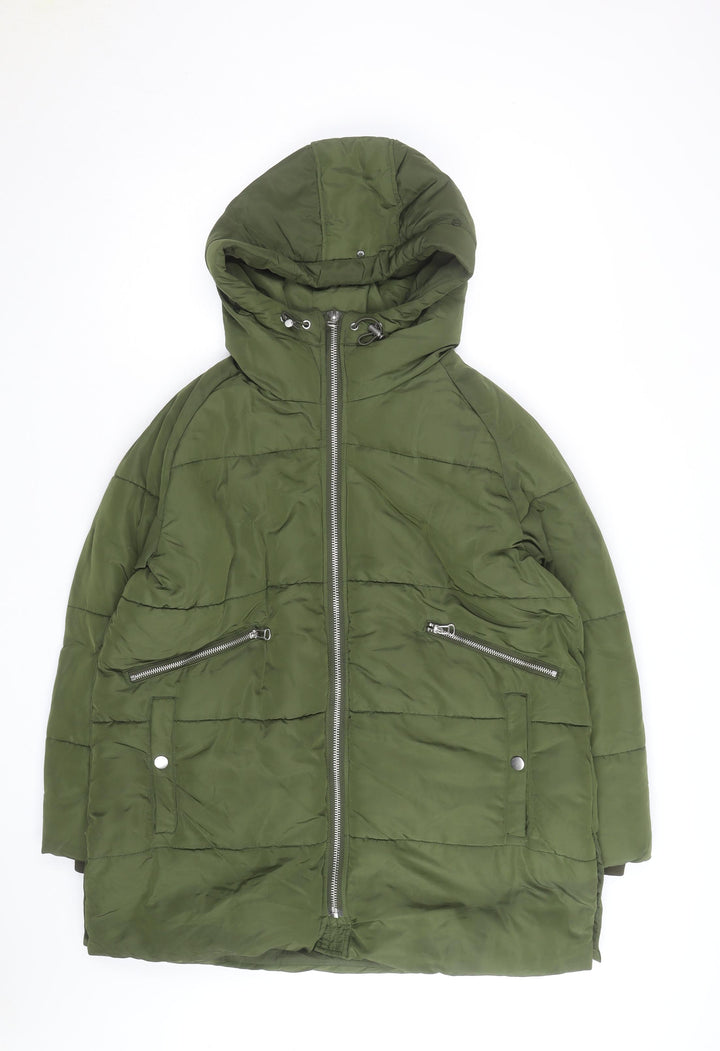 Zara Women Green Long Puffer Jacket Coat L Hooded Zip Winter Warm