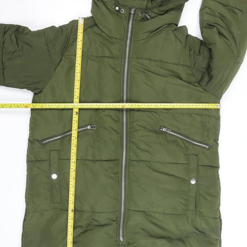 Zara Women Green Long Puffer Jacket Coat L Hooded Zip Winter Warm