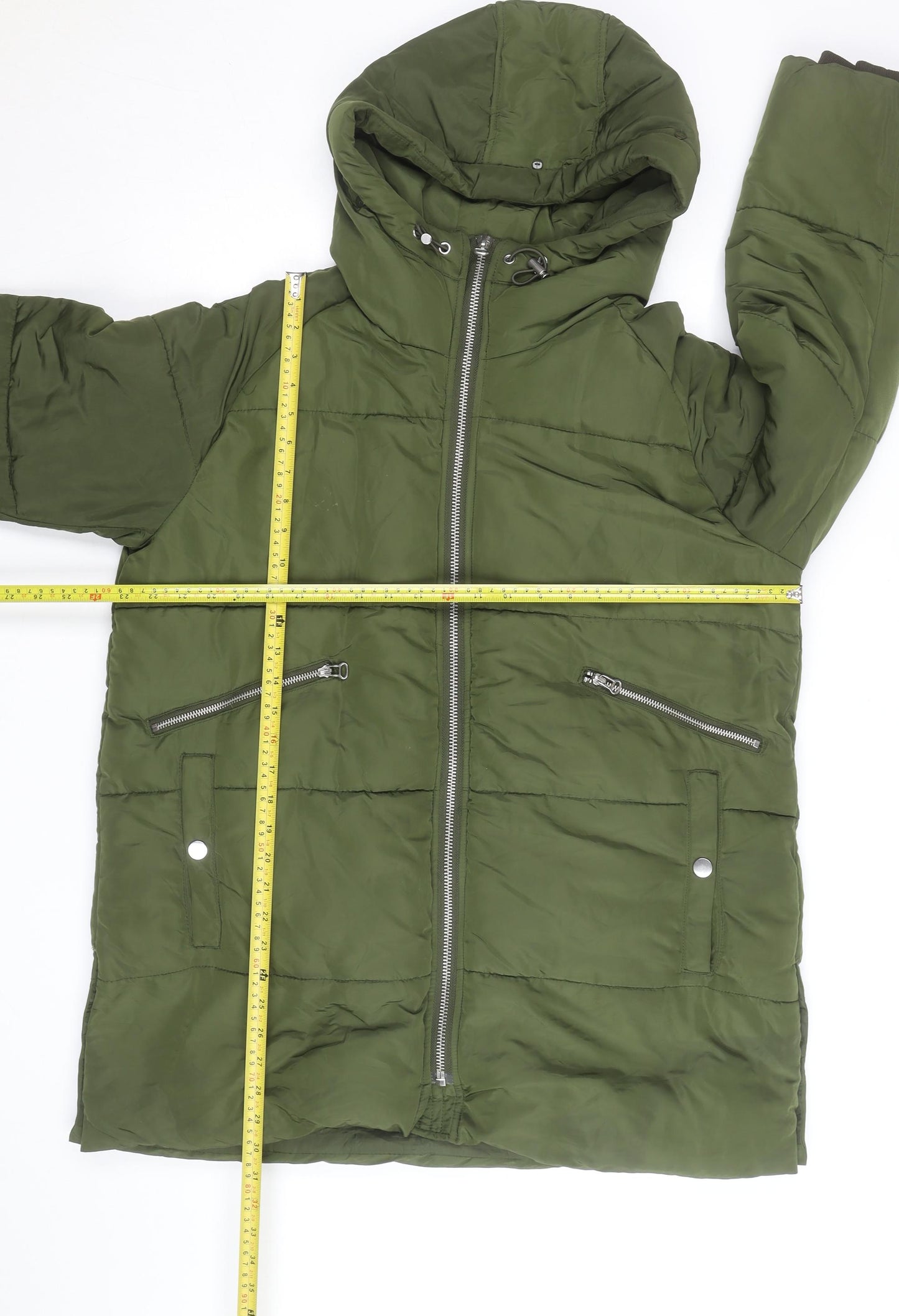 Zara Women Green Long Puffer Jacket Coat L Hooded Zip Winter Warm