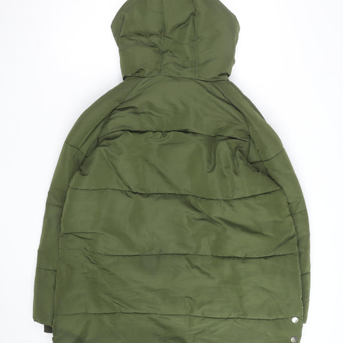 Zara Women Green Long Puffer Jacket Coat L Hooded Zip Winter Warm