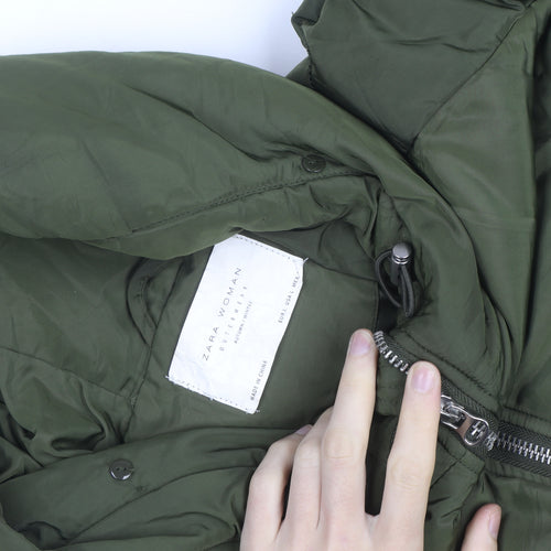 Zara Women Green Long Puffer Jacket Coat L Hooded Zip Winter Warm