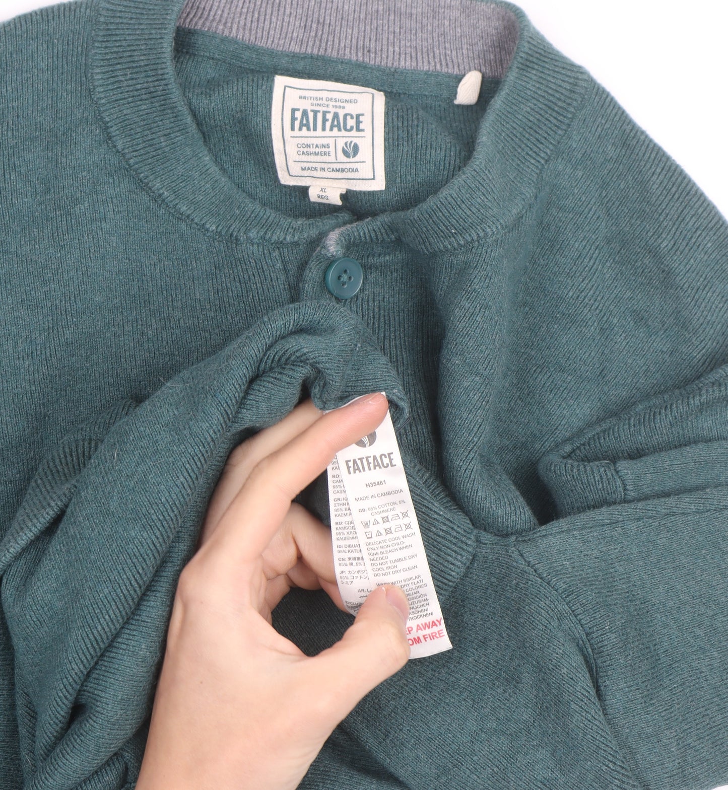 FatFace Men's Green Cotton Cashmere Henley Jumper XL