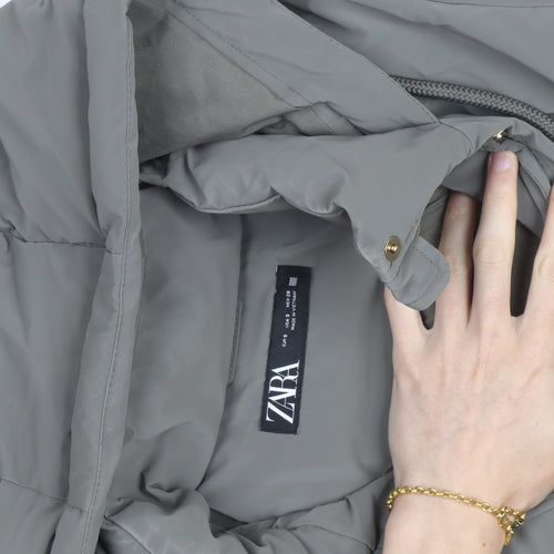 ZARA Men Grey Long Puffer Coat Hooded Lined Winter Size L