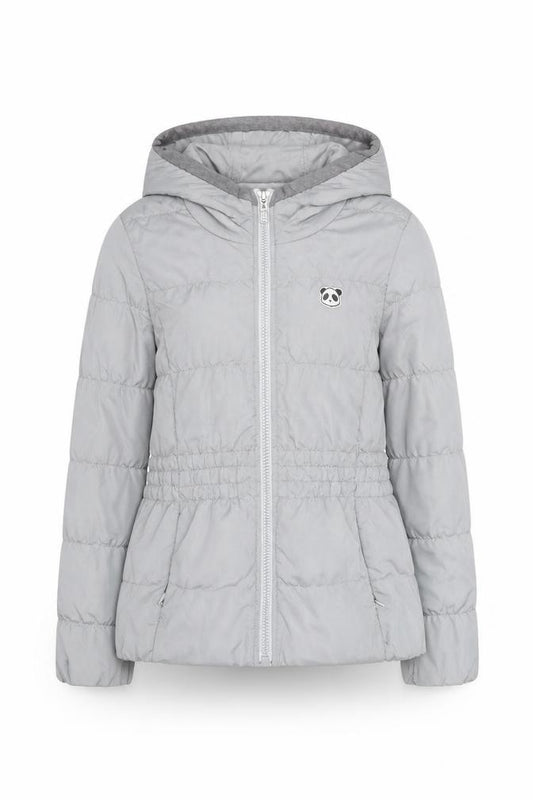 Front view of YESGODA Women's Grey Check Hooded Puffer Jacket, size M