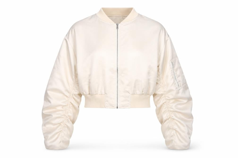 Front view of MISSPAP women’s beige cropped bomber jacket, size UK 12