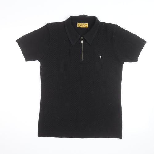 Gabicci Men's Black Short Sleeve 1/2 Zip Retro Knit Polo Shirt Size S