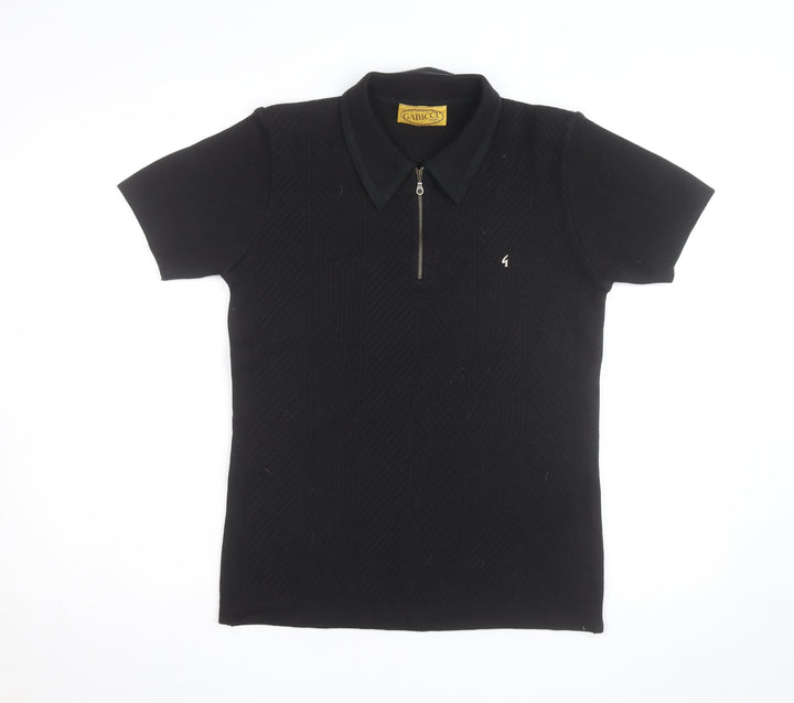 Gabicci Men's Black Short Sleeve 1/2 Zip Retro Knit Polo Shirt Size S