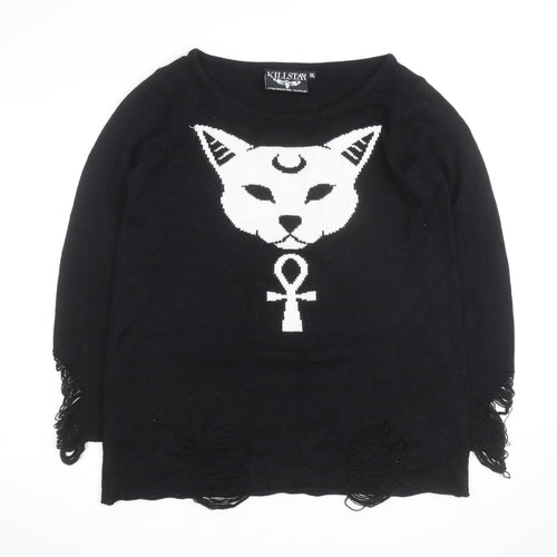 Killstar Mens Black 2XL Gothic Cat Graphic Distressed Knit Jumper
