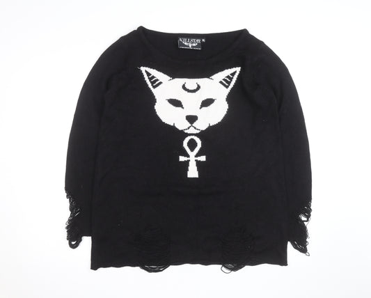 Killstar Mens Black 2XL Gothic Cat Graphic Distressed Knit Jumper