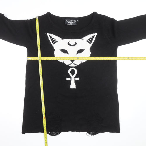Killstar Mens Black 2XL Gothic Cat Graphic Distressed Knit Jumper