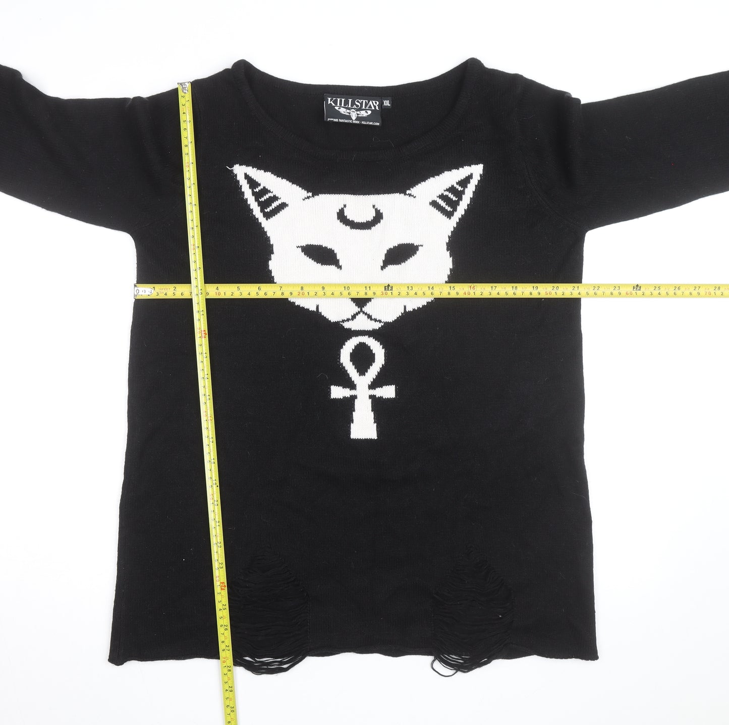 Killstar Mens Black 2XL Gothic Cat Graphic Distressed Knit Jumper