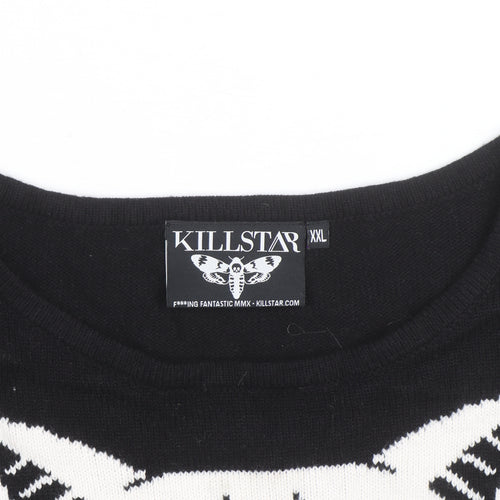 Killstar Mens Black 2XL Gothic Cat Graphic Distressed Knit Jumper