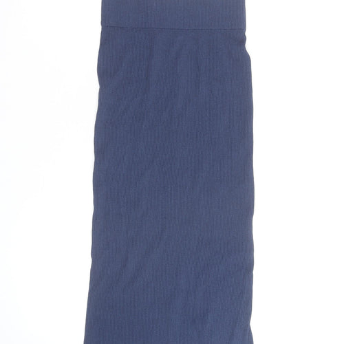 Zara Women Blue Ribbed Midi Pencil Skirt L Knit Stretch Viscose Blend