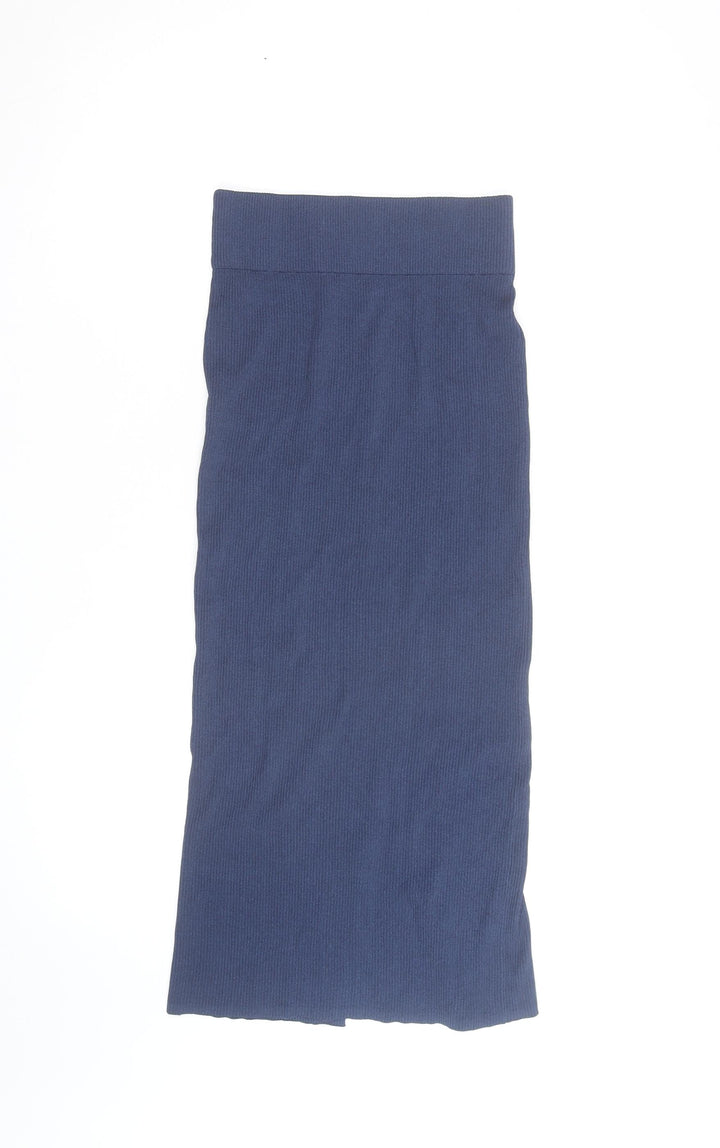 Zara Women Blue Ribbed Midi Pencil Skirt L Knit Stretch Viscose Blend
