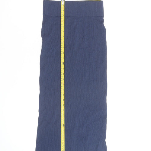 Zara Women Blue Ribbed Midi Pencil Skirt L Knit Stretch Viscose Blend