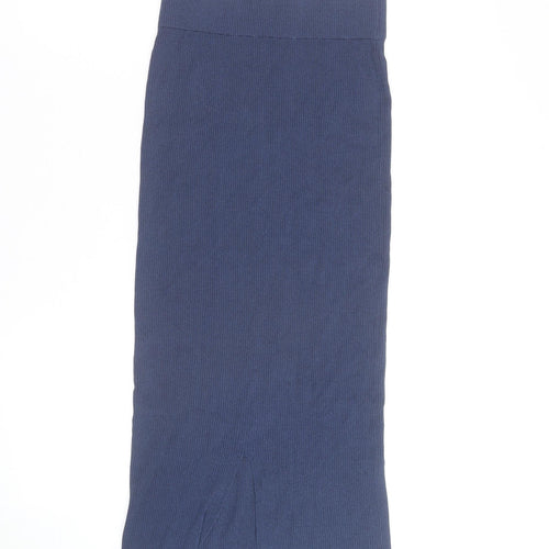Zara Women Blue Ribbed Midi Pencil Skirt L Knit Stretch Viscose Blend