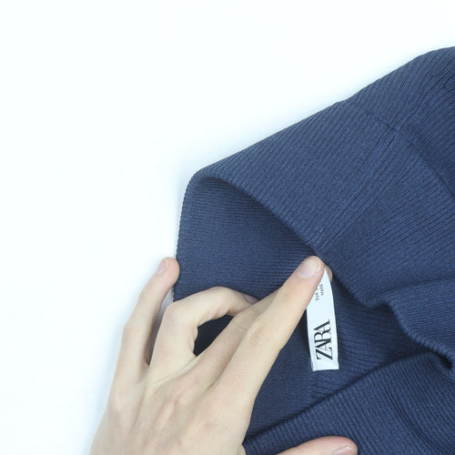 Zara Women Blue Ribbed Midi Pencil Skirt L Knit Stretch Viscose Blend