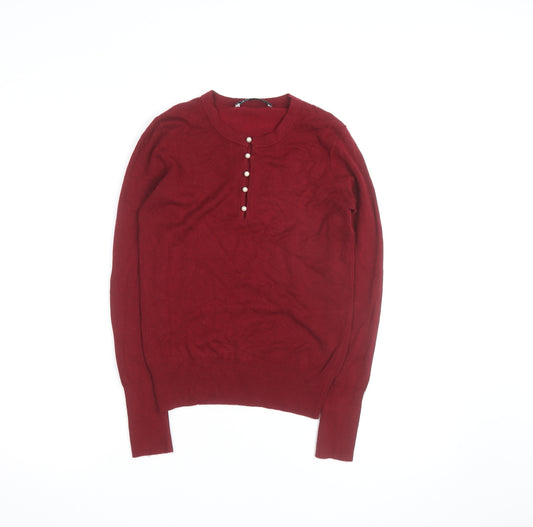 ZARA Women Red Henley Knit Jumper Size 8 Long Sleeve