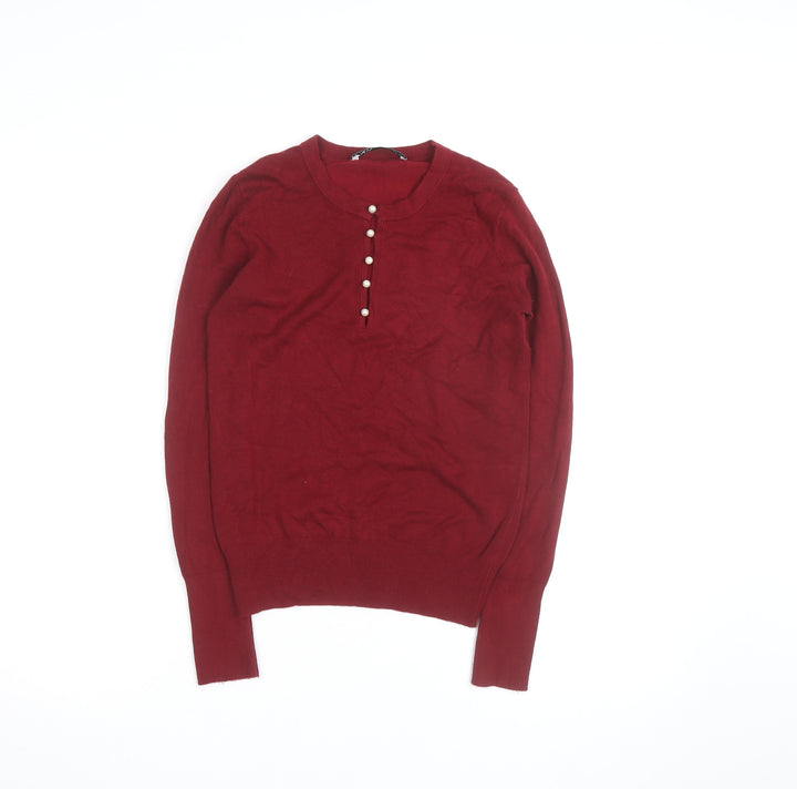 ZARA Women Red Henley Knit Jumper Size 8 Long Sleeve