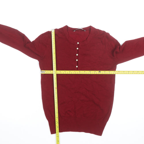 ZARA Women Red Henley Knit Jumper Size 8 Long Sleeve