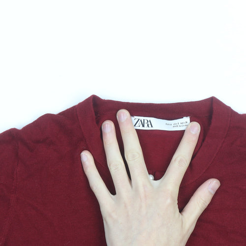 ZARA Women Red Henley Knit Jumper Size 8 Long Sleeve