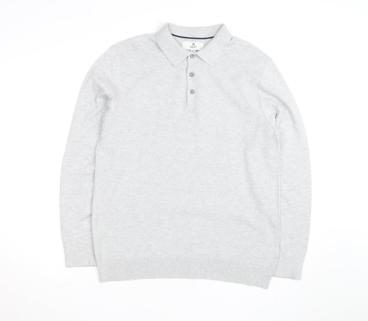 Next Men’s Grey Cotton Blend Long Sleeve Collared Polo Jumper M