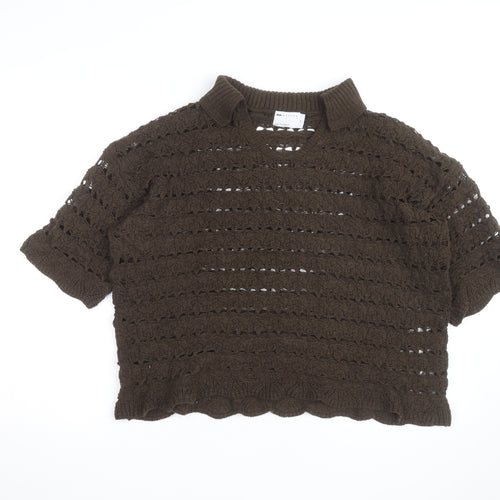 ASOS Women’s Brown Open-Knit Collared Short Sleeve Jumper Size M