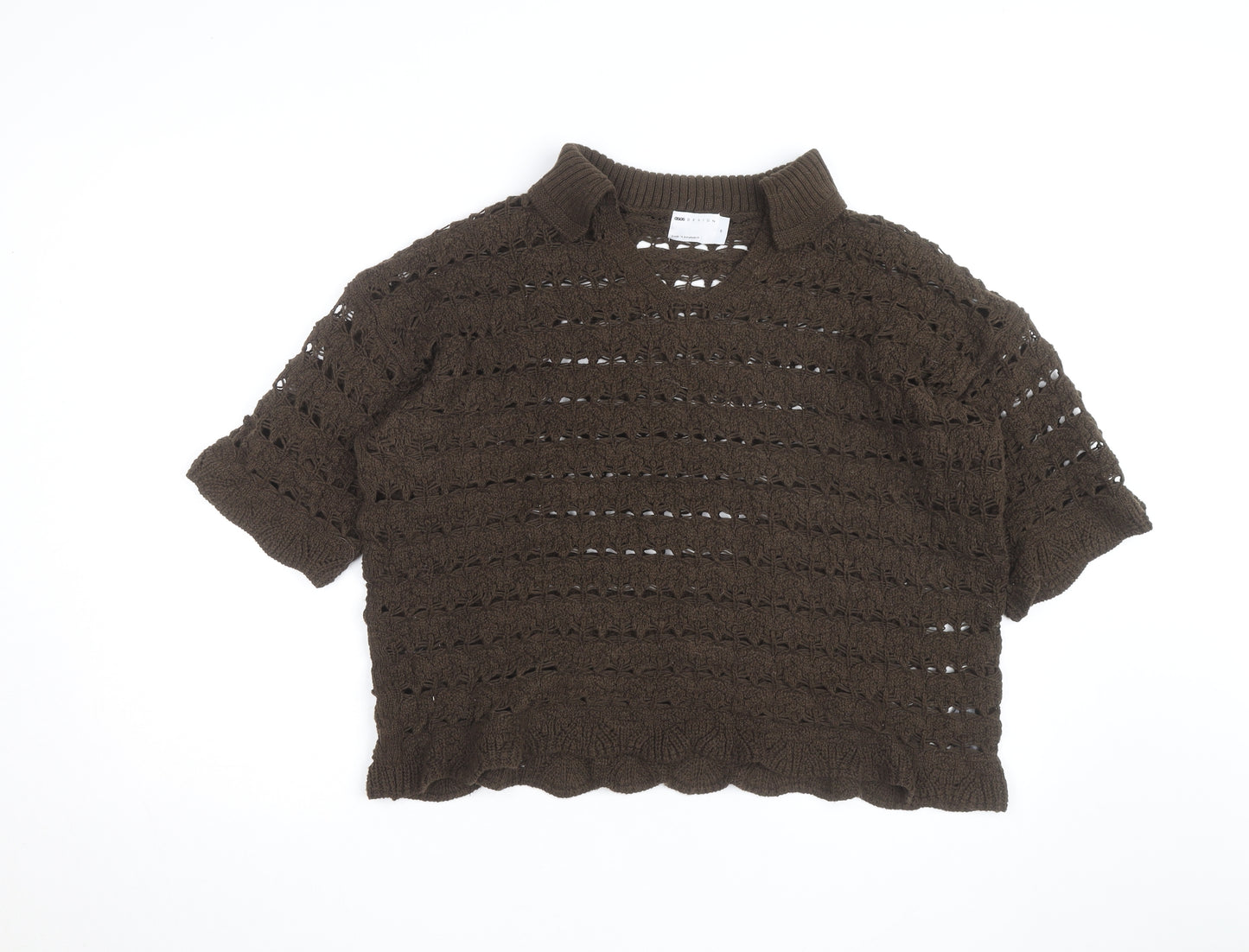 ASOS Women’s Brown Open-Knit Collared Short Sleeve Jumper Size M