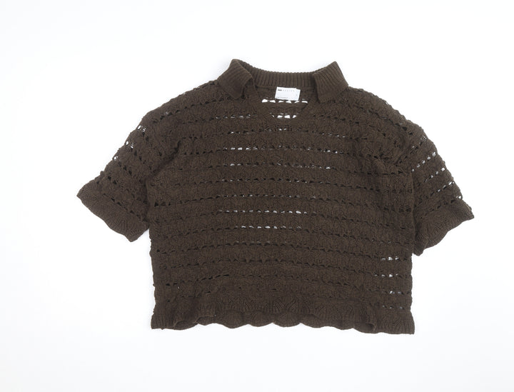 ASOS Women’s Brown Open-Knit Collared Short Sleeve Jumper Size M