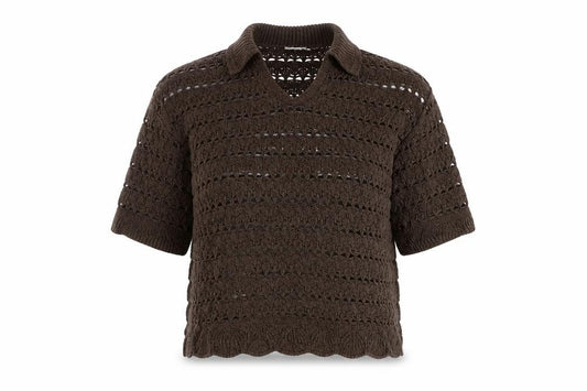 Front view of ASOS Women’s Brown Open-Knit Collared Short Sleeve Jumper, size M