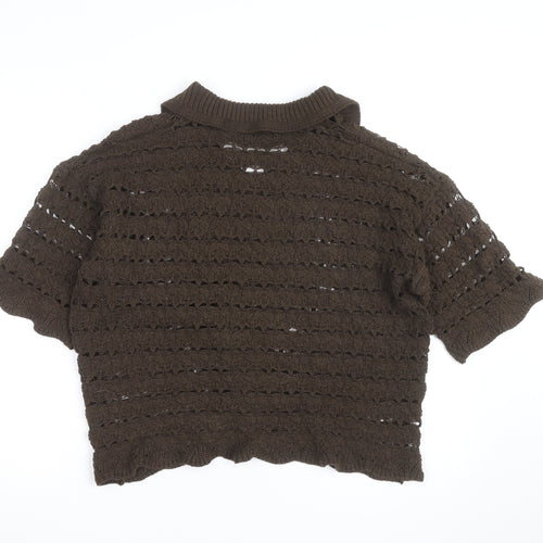 ASOS Women’s Brown Open-Knit Collared Short Sleeve Jumper Size M