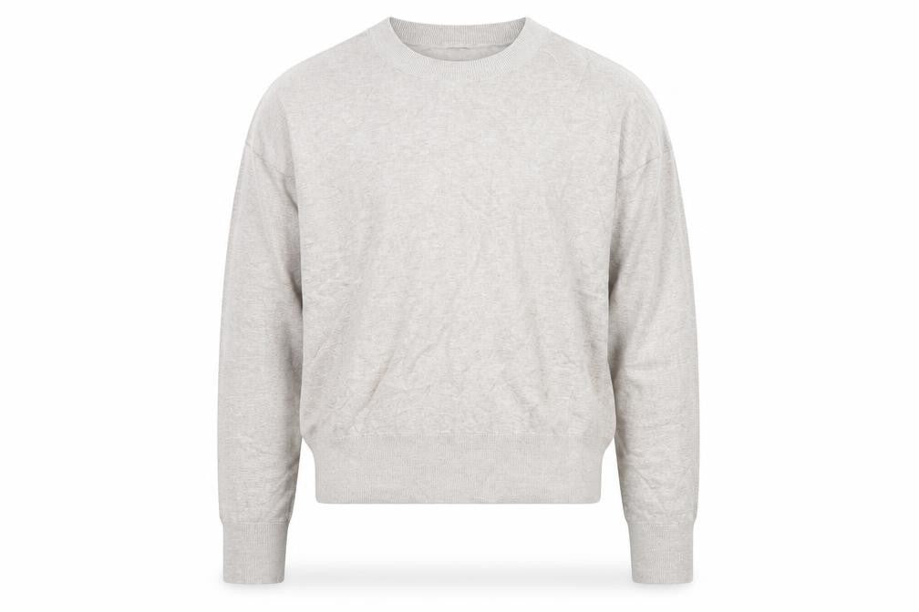 Front view of Jigsaw Men's Beige Crew Neck Knit Jumper, size S, Lightweight Classic